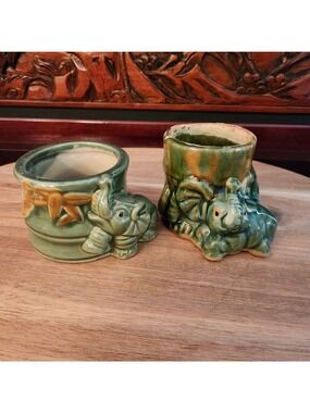 Vintage Green Ceramic Elephant Vases with Unique Trunk Design & Glossy Finish